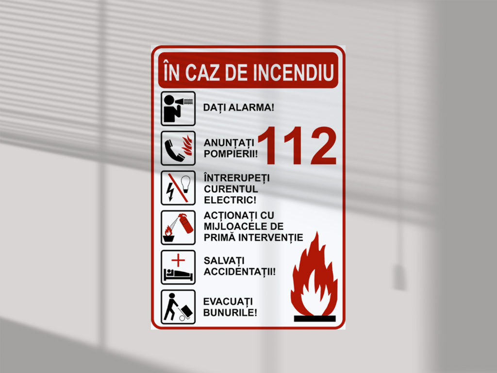 Sticker cu 'Măsuri de urmat în caz de incendiu', autocolant, 216 x 148 mm
