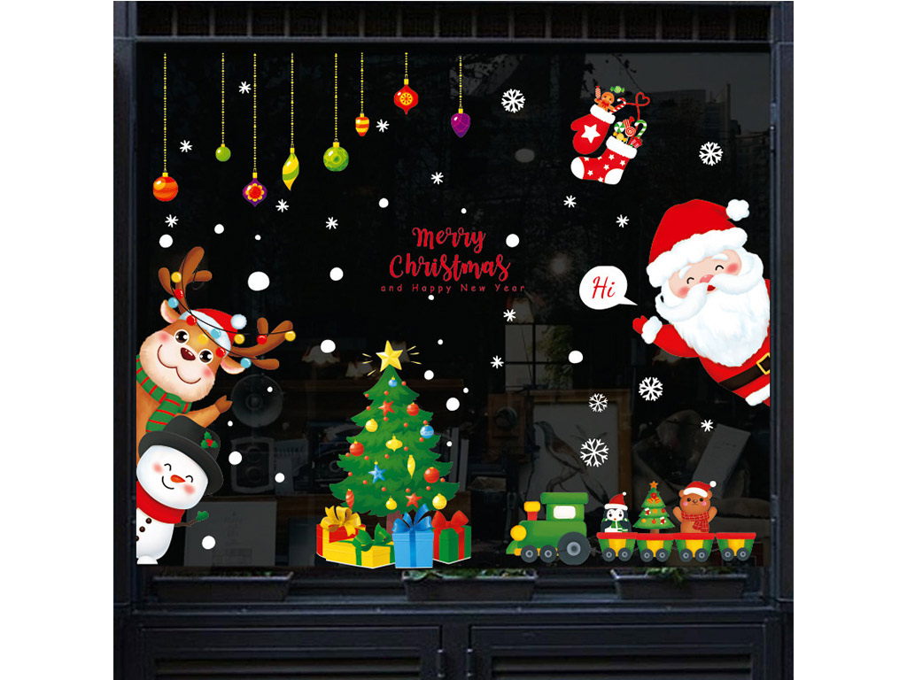 Sticker Crăciun, decor colorat cu Moş Crăciun, ren şi brăduţ, pentru geam și mobilă