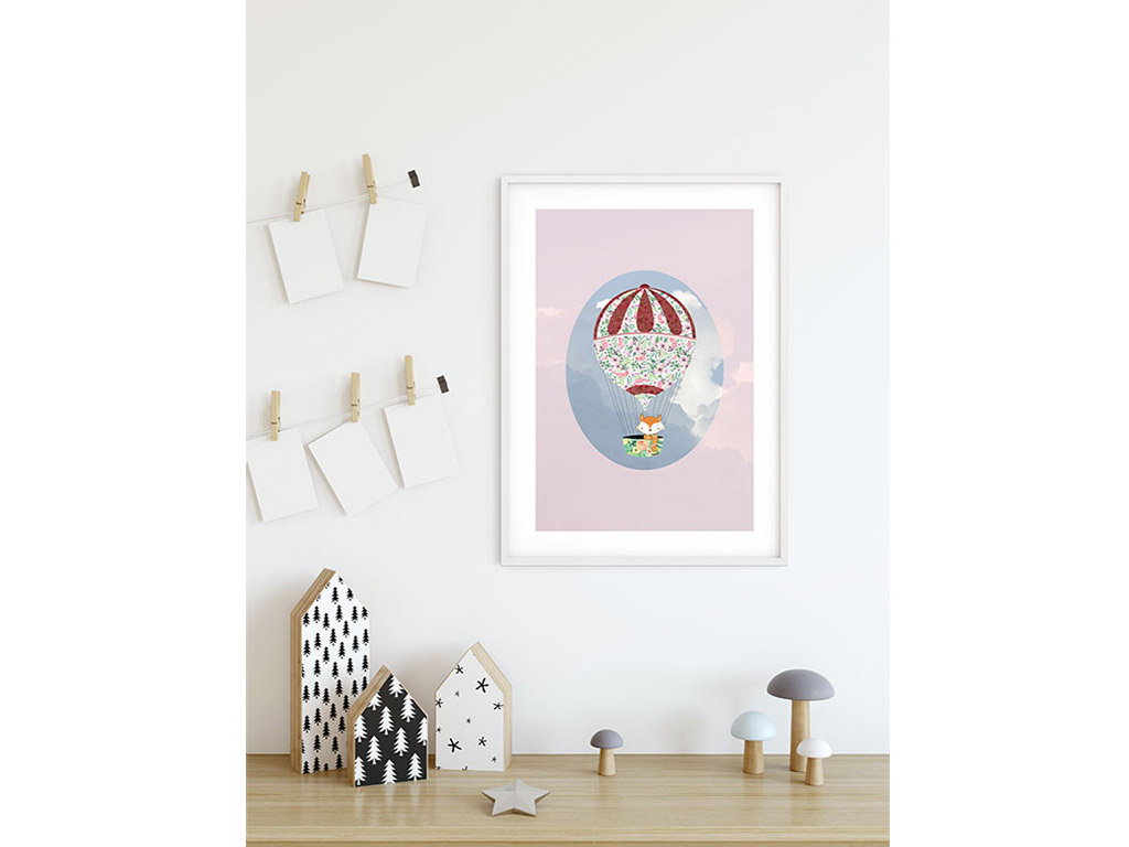 Tablou cameră copii, Komar Happy Balloon Pink, în ramă din lemn alb şi protecţie din plexiglass, 30x40 cm