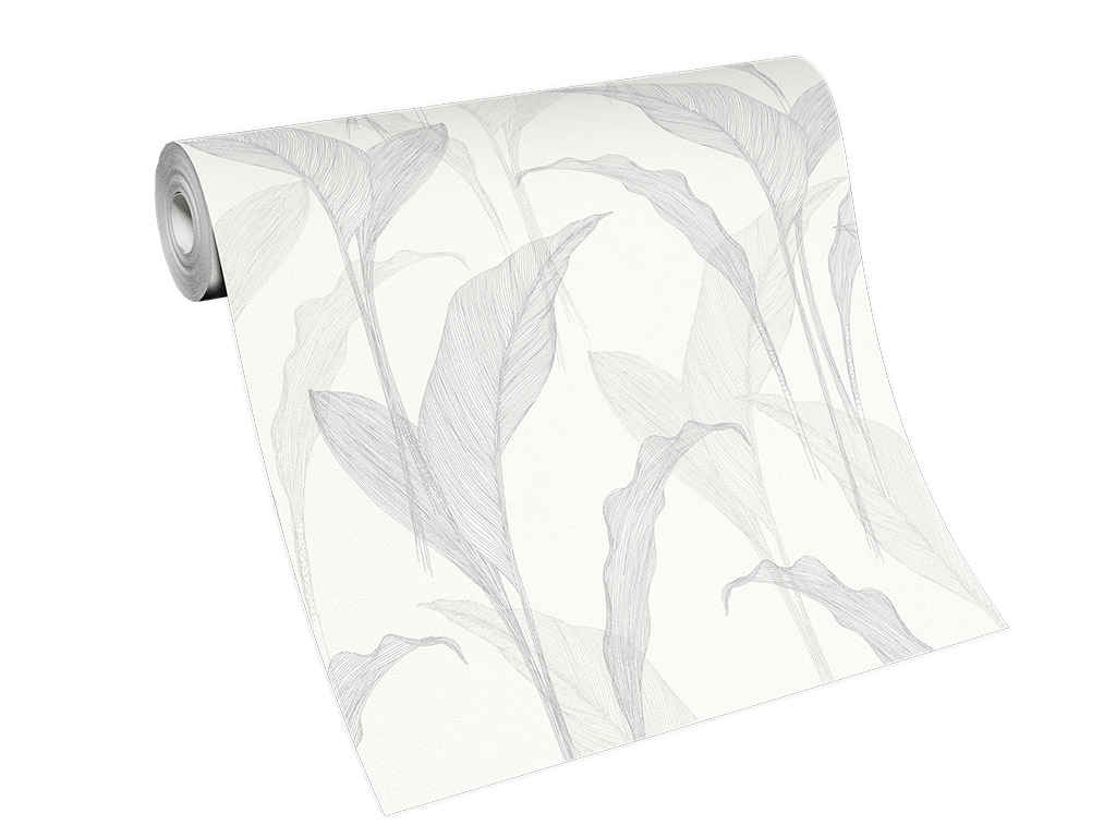 Tapet alb cu frunze gri, cu sclipici argintiu, Erismann Elle decoration 1020731
