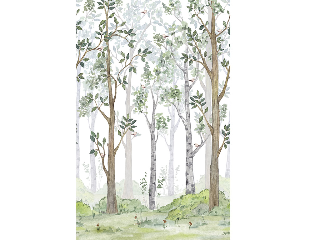 Fototapet cameră copii, copaci cu frunze verzi şi păsări, Marburg Little Adventures, 159x270 cm