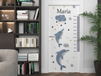 Autocolant uşă pentru cameră copii, Folina, cu delfini şi gradaţie metru, rolă de 92x205 cm