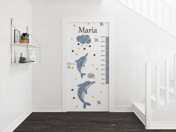 Autocolant uşă pentru cameră copii, Folina, cu delfini şi gradaţie metru, rolă de 92x205 cm 1-2377