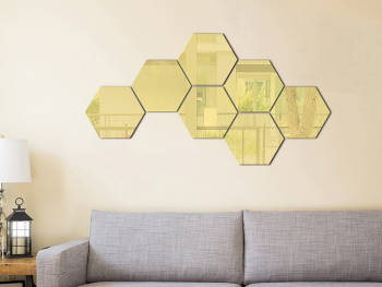 Set 6 Oglinzi acrilice, hexagoane aurii, decorațiune perete