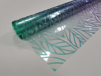 Folie geam autoadezivă Lorient, Folina, transparentă în degrade turcoaz, 120 cm lăţime Autocolant-decorativ-model-frunze-verzi-mov-v1-5186