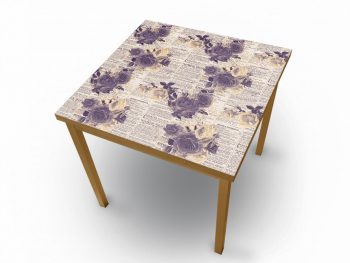 Autocolant blat masă, model ziar cu flori violet, 100 x 100 cm, racletă inclusă