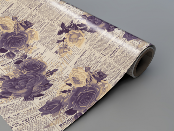 Autocolant blat masă, model ziar cu flori violet, 100 cm lățime