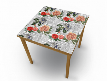 Autocolant blat masă, model ziar cu flori multicolor, 100 cm lățime
