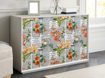 Autocolant decorativ, model ziar cu flori oranj, 100 cm lățime