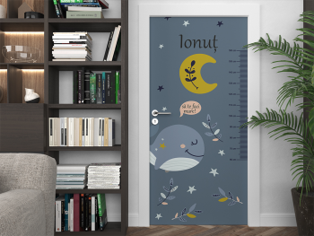 Autocolant uşă pentru cameră copii, Folina, cu Balenă şi gradaţie metru, rolă de 92x205 cm