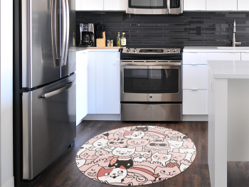 Covor antiderapant pentru animale de companie, model pisici roz, linoleum antiderapant, rotund