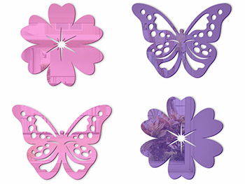 Set 4 stickere Clara, flori şi fluturi din oglindă acrilică roz şi mov