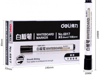 Set din 10 markere semipermanente pentru tablă whiteboard, Deli 6817, culoare negru