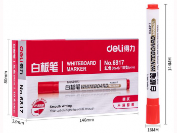 Set 10 markere semipermanente pentru tablă whiteboard, Deli 6817, culoare roșu