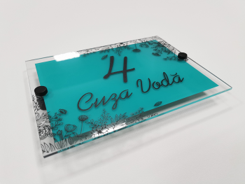 Plăcuţă cu număr și/sau adresă casă, model floral, din acril cu text UV personalizat