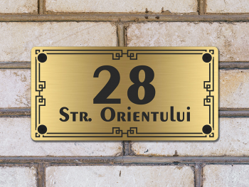 Plăcuţă cu număr și adresă casă, model oriental, din bond auriu, cu text personalizat