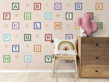Sticker Alfabet, Folina, model litere în pătrate, multicolor, decoraţiune pentru şcoli şi grădiniţe, planșă mare de 100x85 cm, racletă de aplicare inclusă
