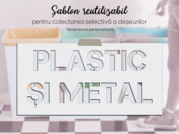 Șablon reutilizabil cu mesajul Plastic și metal pentru colectarea selectivă a deșeurilor pentru containere, tomberoane și pubele, dimensiune la comandă