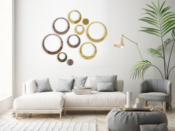 Set 10 stickere oglindă cercuri, Folina, decoraţiune perete din oglindă acrilică bronz şi aurie