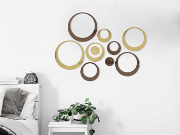 Set 10 stickere oglindă cercuri, Folina, decoraţiune perete din oglindă acrilică bronz şi aurie