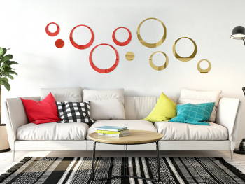 Set 10 stickere oglindă cercuri, Folina, decoraţiune perete din oglindă acrilică aurie şi roşie