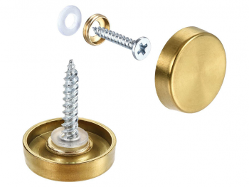 Set din 4 șuruburi cu capac cromat, auriu, pentru plăci acrilice sau oglinzi, diametru cap 19mm