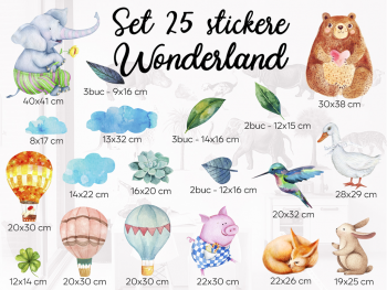 Set 25 stickere Wonderland, decoraţiune cu animale pentru camera copiilor, planșă de 120x120 cm