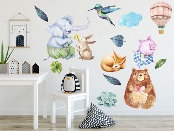 Set 25 stickere Wonderland, decoraţiune cu animale pentru camera copiilor, planșă de 120x120 cm, racletă de aplicare inclusă.