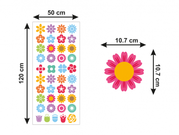 Set stickere perete model flori colorate pentru copii, Folina, planșa 120x50cm, racletă de aplicare inclusă.