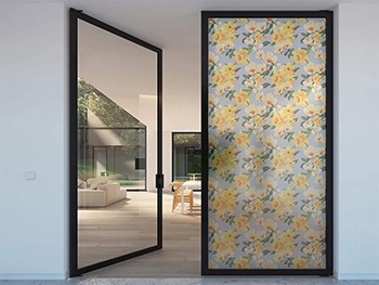 Folie sablare cu model flori galbene, Folina, pentru uşi din sticlă, rolă de 100x210 cm