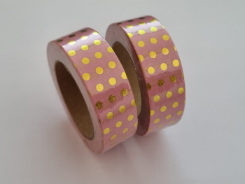 Set 2 role washi tape, benzi autoadezive roz cu buline aurii