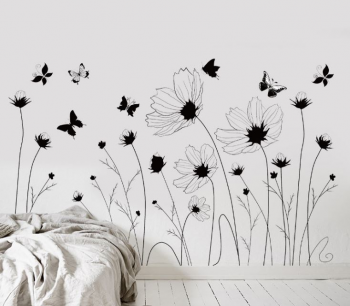 Sticker perete Flora, flori grafice şi fluturi negri, 62x85 cm