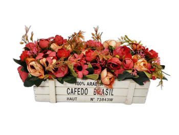 Aranjament cu flori artificiale, bujori în cutie din lemn alb, 33x15cm