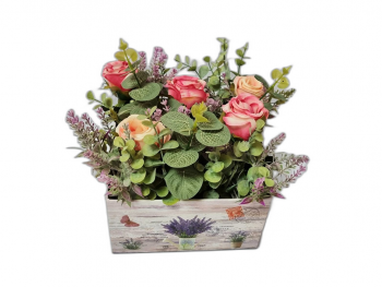 Aranjament cu trandafiri şi plante artificiale, Folina, în cutie decorativă lila aranjament-cu-trandafiri-si-plante-artificiale-in-cutie-decorativa-4794