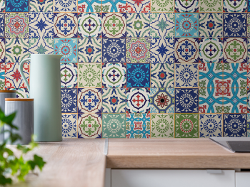 Autocolant faianţă decorativă Patchwork Blue, Folina, autoadeziv, model mozaic arăbesc, multicolor, rolă 67x200 cm