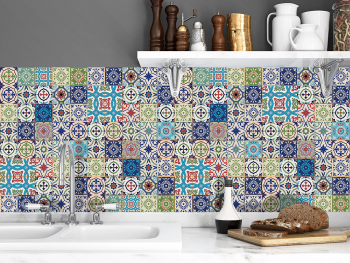 Autocolant faianţă decorativă Patchwork Blue, Folina, autoadeziv, model mozaic arăbesc, multicolor, rolă 67x200 cm