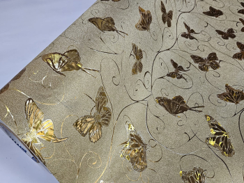Autocolant bej glitter cu fluturi aurii, rolă de 90x200 cm