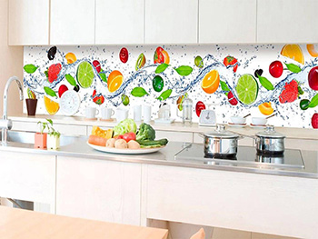 Autocolant perete backsplash, Dimex, alb cu model fructe, multicolor, rezistent la apă şi căldură, rolă de 60x350 cm