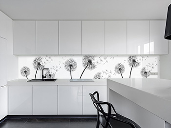 Autocolant perete bucătărie, Folina, alb cu păpădii, rolă de 80x400 cm, cu racletă şi cutter incluse