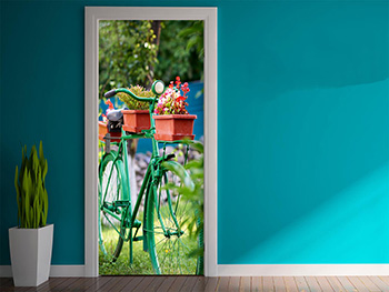 Autocolant uşă Bicicletă cu flori, Folina, model multicolor, dimensiune autocolant 92x205 cm