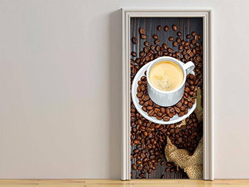 Autocolant uşă Ceaşcă şi boabe cafea, Folina, culoare  maro, dimensiune autocolant 92x205 cm