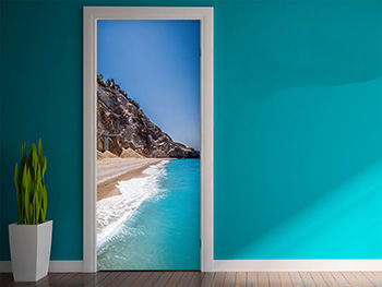Autocolant uşă baie, peisaj plajă, Folina, dimensiune autocolant 92x205 cm