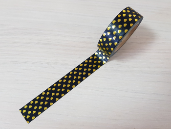 Set 3 role washi tape, bandă adezivă neagră cu inimioare aurii, 15 mm x 10 m