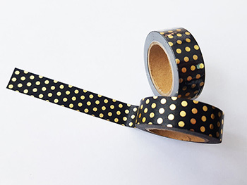 Bandă adezivă Washi Tape, Folina,  neagră cu puncte aurii,15 mmx10 m