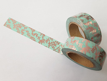 Bandă adezivă Washi Tape, Folina, model vernil cu flori rose gold, rolă bandă adezivă 15 mmx10 m