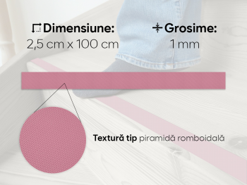 Bandă antiderapantă autoadezivă pentru scări, cadă sau duș, culoare roz, rolă 2,5 cm x 100 cm banda-antiderapanta-autoadeziva-roz-rola-latime-2cm-s0-6571
