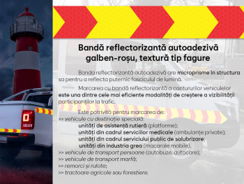 Bandă reflectorizantă autoadezivă de marcaj contur cu săgeți de culoare galben-roșu pentru siguranța rutieră, rolă 5 cm x 5 m 
