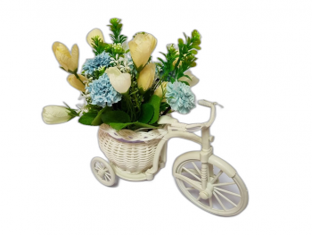 Bicicletă decorativă albă, Folina, decor cu flori artificiale crem şi bleu
