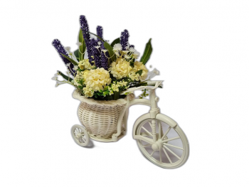 Bicicletă decorativă albă, Folina, cu garofiţe crem şi plante mov artificiale bicicleta-decorativa-alba-cu-garofite-crem-si-plante-mov-4757