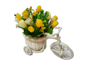 Bicicletă decorativă albă, Folina, cu flori artificiale galbene